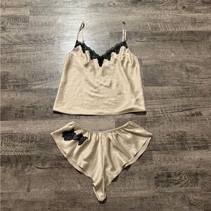 Victoria's Secret Cream and Black Lace Satin Chemise Set